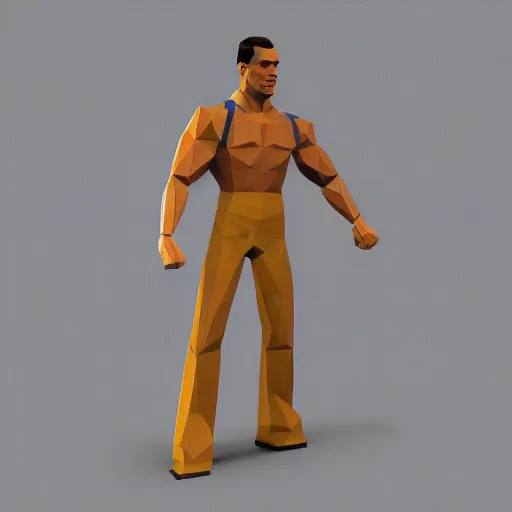Image similar to a render of a low poly 3d model of 90's Jean Claude Van Damme, psx style, playstation 1 graphics, model is t-posing, black bg