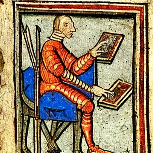 Image similar to a 1 5 th century medieval manuscript illustration of a knight on his phone, high quality scan, university of oxford