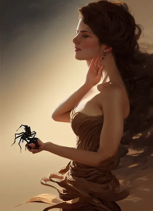 Image similar to portrait of a woman with brown hair wearing a flowing dress, holding her hand out with a scorpion on the hand, intricate, elegant, highly detailed, digital painting, artstation, concept art, smooth, sharp focus, illustration, art by wlop, mars ravelo and greg rutkowski