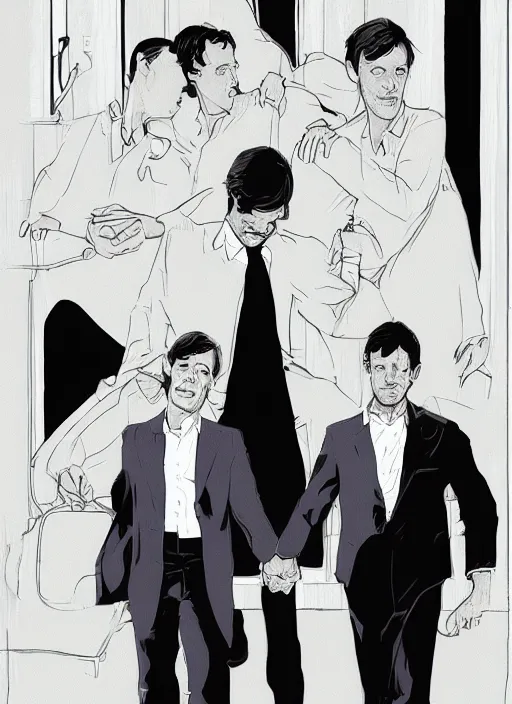 Prompt: portrait of Mads Mikkelsen and Hugh Dancy holding hands romantically as they chaperone school dance by Michael Whelan, Bob Larkin and Tomer Hanuka, simple illustration, domestic, nostalgic, clean, Matte painting, trending on artstation and unreal engine, New Yorker magazine cover