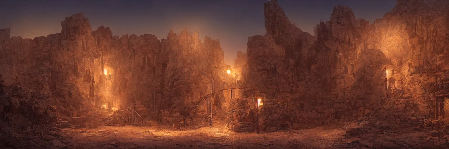 Image similar to an old mine entrances lit by toches in an ancient old wild West town, arizona desert, Dynamic lighting, cinematic, establishing shot, extremely high detail, photo realistic, cinematic lighting, , post processed denoised, concept design, concept art, artstation, matte painting, midjourney, style by alex ross, raphael lacoste, eddie mendoza