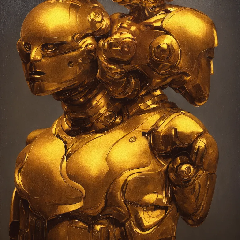 Image similar to cinematic bust portrait of psychedelic god robot from left, head and chest only, robotic improvements, part of Moebius, part of maxfield parrish, part of Thomas Ehretsmann,, oil on canvas, masterpiece, trending on artstation, cinematic composition, dramatic pose, beautiful lighting, sharp, details, hyper-detailed, volumetric lighting 4K