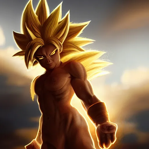 Image similar to tabby cat, golden hour, fantasy, sharp focus, digital art, hyper realistic, 4 k, unreal engine, highly detailed, hd, dramatic lighting by brom, trending on artstation, super saiyan goku hairstyle