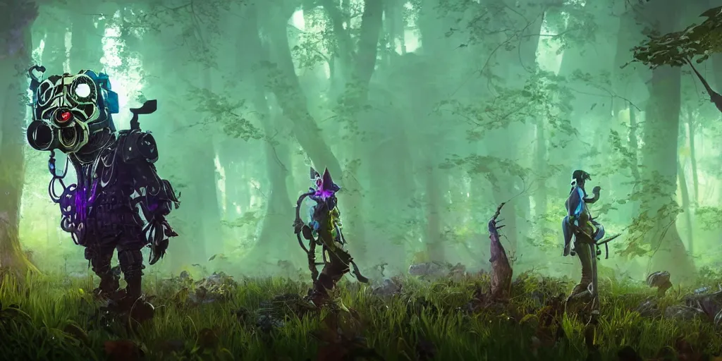 Image similar to gamekeeper hunting for mystical forest monster and wearing a steampunk and neonpunk mechanical fluorescent mystical animal mask realism in style of fornite game. bio luminescent, plasma, ice, water, wind, creature, artwork by tooth wu and wlop and beeple and greg rutkowski, epic cinematic shot, perfectly defined features, ambient occlusion