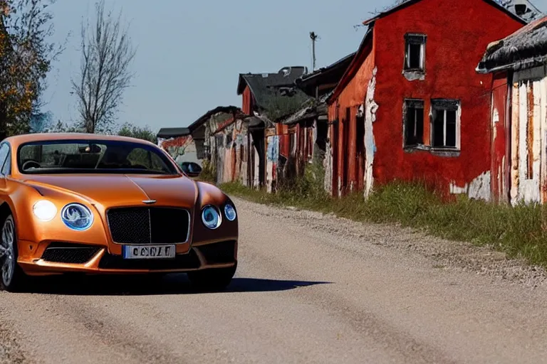 Image similar to modern rusty Bentley Continental GT drives along the road of an old Russian village with houses at the edges