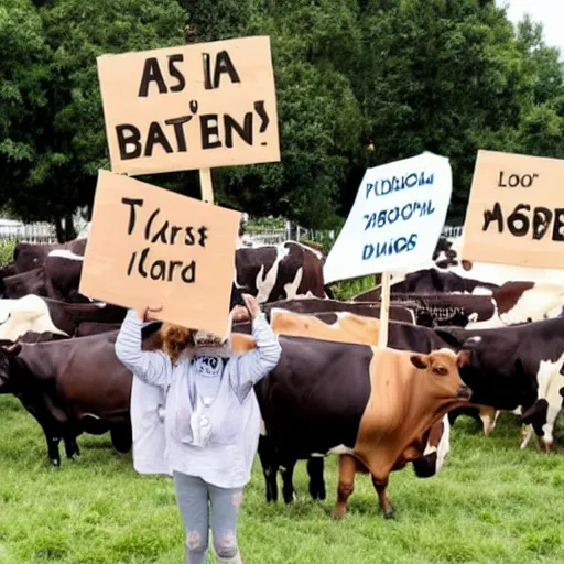 Image similar to cows protesting, holding op signs