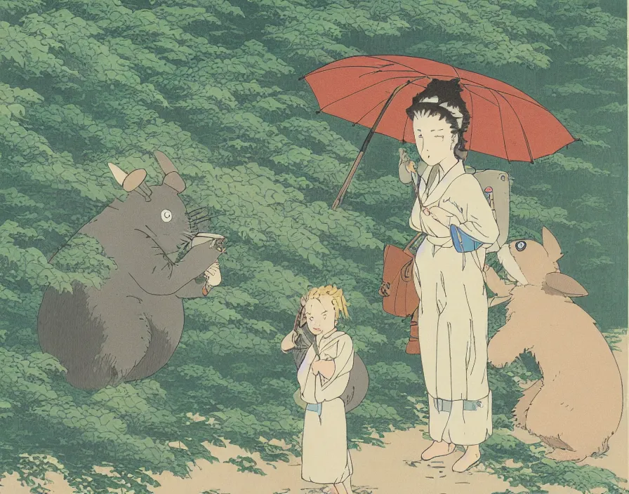 Image similar to female Retzling with short blond air, standing with big Totoro::20 at a japanese bus stop, holding an umbrella, in the dark forest, rainy night, Studio Ghibli, Hayao Miyazaki, Ukiyo-e, style Katsushika Hokusai,