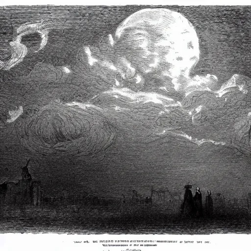 Prompt: Drawing of the city Mainz, gentleman, victorian ladies, dramatic clouds, moon, depth, Chiaroscuro, illustration by Gustave Doré