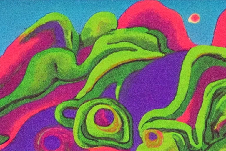 Prompt: vhs footage of a colorful alien world, with mountainous absurd looking twirly terrain, green grass, and colorful fuzzy creatures roaming and flying in it, and lots of weird alien plants, dr seuss inspired, realistic