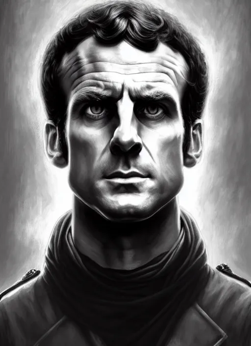 Image similar to portrait of stoic looking emmanuel macron as in the vigo carpathian painting, full body, military uniform, fantasy, intricate, elegant, beautiful, highly detailed, charcoal, centered, dark, smokey, digital painting, artstation, concept art, smooth, sharp focus, illustration, art by artgerm and greg rutkowski and alphonse mucha