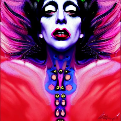 Image similar to an extremely psychedelic portrait of lady gaga as marilyn manson, surreal, lsd, face, detailed, intricate, elegant, lithe, highly detailed, digital painting, artstation, concept art, smooth, sharp focus, illustration,