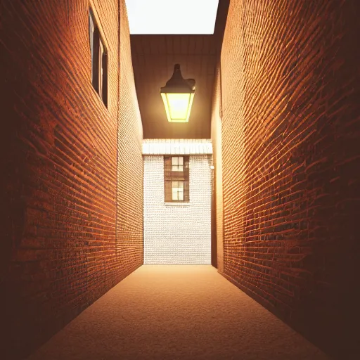 Prompt: a narrow brick alleyway lit with a streetlight, 3d octane render, photorealistic