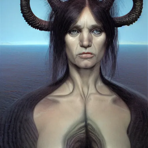 Image similar to portrait of a woman with horns and fully black eyes, by wayne barlowe