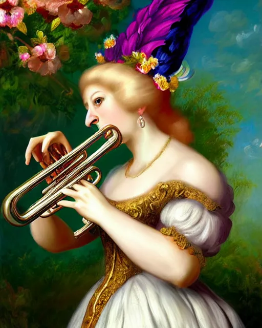 Prompt: baroque portrait of a anthropomorphic cockatoo playing a trumpet, garden with flowers background, digital art, impressionism, dnd character, award winning