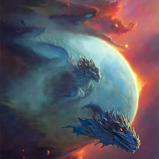 Prompt: Humongous blue scaled dragon devouring an earth like planet while flying in space, sun system, behemoth, nebula, oil painting, by Fernanda Suarez and Edgar Maxence and Greg Rutkowski