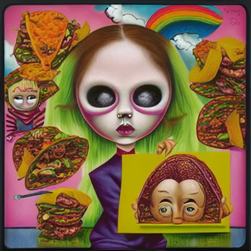 Image similar to taco girl. outsider art by mark ryden.