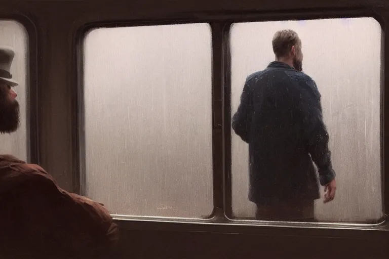 Prompt: man looks out of a train window, dim lighting, lonely, digital art, by wlop, by jeremy lipking, highly detailed, expressive painting, dark atmosphere, moody, octane render