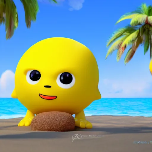 Image similar to a super cute cartoon network lemon character, it's is relaxing on a beach, by dalle - 2, octane render, 3 d, volumetric lightening,