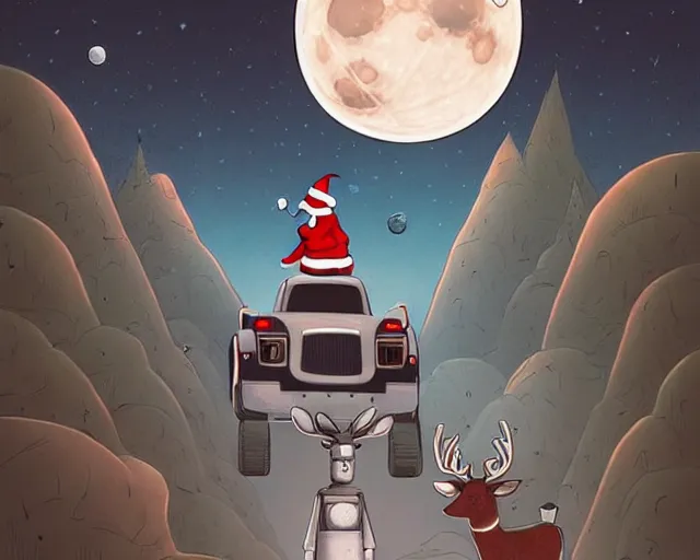 Image similar to a cell shaded cartoon grey santa! + deer robot, with a big head, on a desert road, wide shot, in front of a big moon, muted colors, post grunge, josan gonzales, wlop, by james jean, victor ngai, hq, deviantart, art by artgem