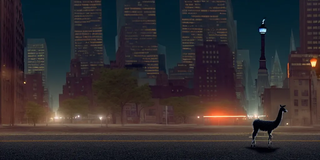 Image similar to a llama walking through a desolate manhattan city street at night, statue of liberty seen in the background, realistic 4 k octane beautifully detailed render, 4 k post - processing, highly detailed, detailed face, intricate complexity, epic composition, magical atmosphere, cinematic lighting, masterpiece, color picture, ultra hd