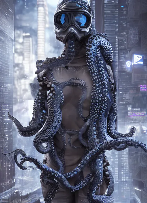 Image similar to hyperrealism, detailed textures, photorealistic 3 d cyberpunk octopus queen in apocalyptic city, futuristic clothing and helmet, ultra realistic, cinematic, intricate, low light, unreal engine 8 k