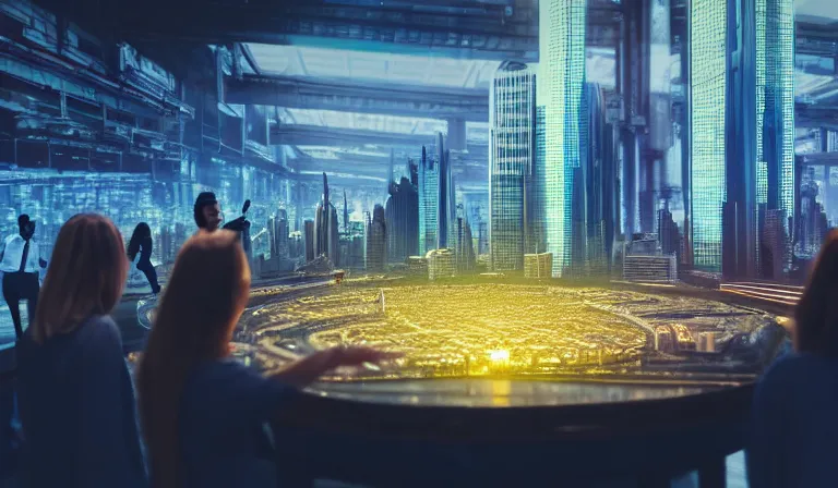 Prompt: large group of people in simple warehouse, looking at hologram of futuristic city on a table, cinematic concept art, godrays, golden hour, natural sunlight, 4 k, clear details, tabletop model buildings, center model buildings, hologram center, crane shot, crane shot, crane shot