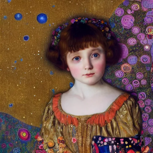 Prompt: victorian girl child in front of a gustav klimt wallpaper by android jones, detailed matte painting, 8k resolution