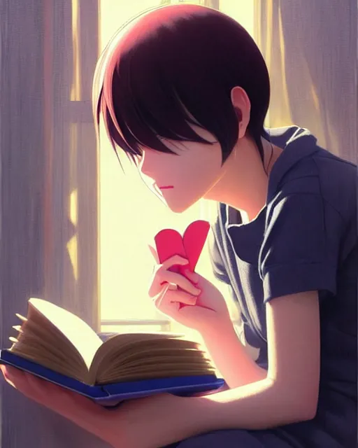 Image similar to cute girl reading book with her boyfriend, shy emotion. | very very anime!!!, fine - face, audrey plaza, realistic shaded perfect face, fine details. anime. very strong realistic shaded lighting poster by ilya kuvshinov katsuhiro otomo ghost, magali villeneuve, artgerm, jeremy lipkin and michael garmash and rob rey