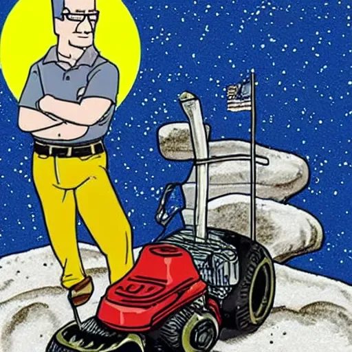 Image similar to Hank hill from “King of the Hill” wearing a full suit of medieval armor, riding a lawnmower on the moon, photo