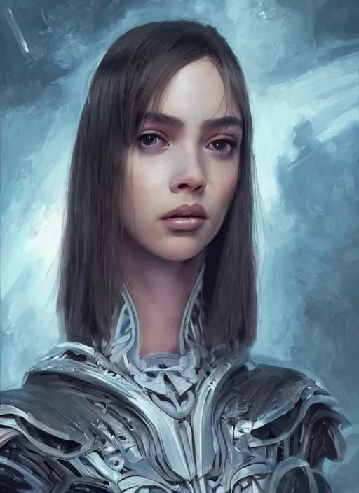 Image similar to a professional painting of a beautiful young female alien, clothed in ethereal armor, olive skin, long dark hair, beautiful bone structure, symmetrical facial features, intricate, elegant, digital painting, concept art, smooth, sharp focus, illustration, from Valerian and the City of a Thousand Planets, by Ruan Jia and Mandy Jurgens and Artgerm and William-Adolphe Bouguerea