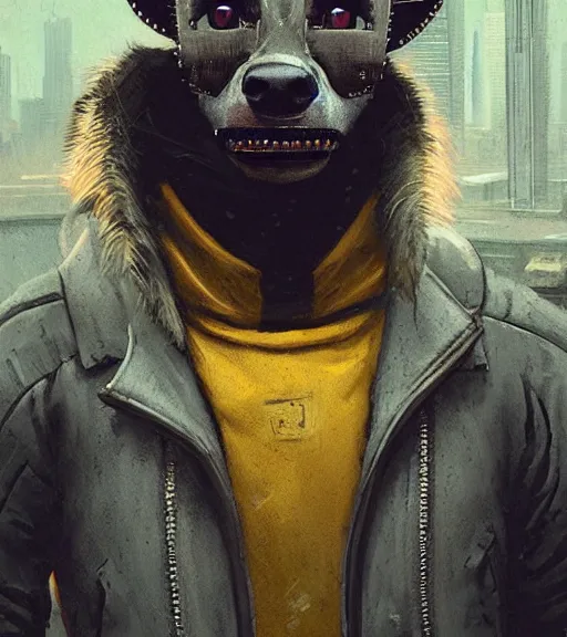 Prompt: new york city portrait of furry anthro anthropomorphic spotted hyena crocuta head animal person fursona wearing clothes strange cybernetic muzzle gloomy rainy screenshot from the video game cyberpunk 2077 digital art by Greg Rutkowski, Simon Stalenhag, christopher nolan trending on Artstation, CGSociety