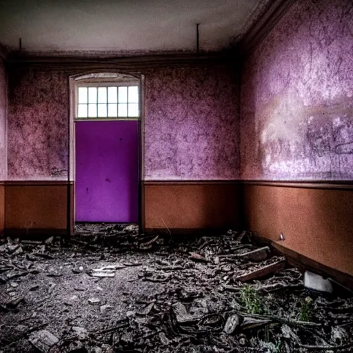 Image similar to unnerving and dark photograph of the inside of an abandoned insane asylum in an alternate horrific purple dimension