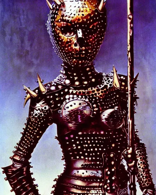 Image similar to portrait of a skinny punk goth yayoi kusama wearing armor by simon bisley, john blance, frank frazetta, fantasy, thief warrior