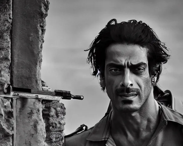 Prompt: a photo of arjun rampal as a soldier of israel, hyper realistic face, beautiful eyes, cinematic, long shot, hyper detailed, 8 5 mm photograph, 8 k resolution, film still, sharp lens, wide lens