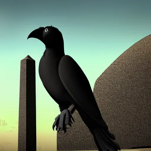 Prompt: a giant crow with a round body short legs and large black beak sitting in a black stone obelisk, photorealistic computer animation, film by Jon Favreau