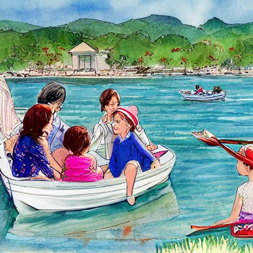 Image similar to The drawing depicts a group of well-dressed women and children enjoying a leisurely boat ride on a calm day. The women are chatting and laughing while the children play with a toy boat in the foreground. by Dustin Nguyen, by William Wray delicate