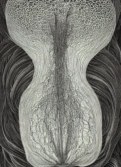 Image similar to mycelium growing into a mushroom, ernst haeckel