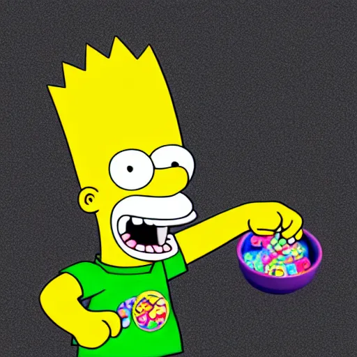 Image similar to Bart Simpson as a real boy eating Fruit Loops, 4K, UE5, 3D, high quality textures, award winning