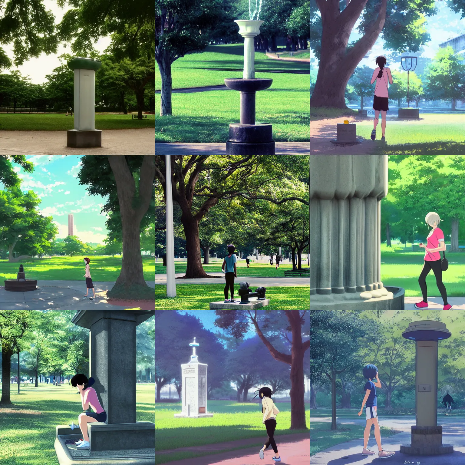 Prompt: jogger drinking from a water fountain in the park, by Makoto Shinkai