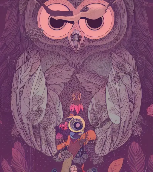 Prompt: portrait, nightmare anomalies, leaves with an owl by miyazaki, violet and pink and white palette, illustration, kenneth blom, mental alchemy, james jean, pablo amaringo, naudline pierre, contemporary art, hyper detailed