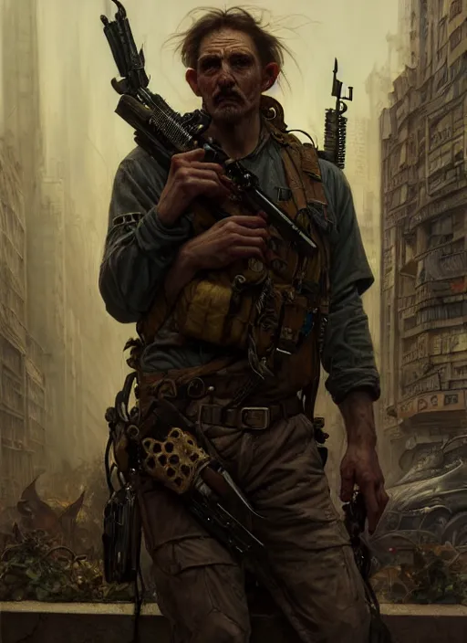 Image similar to a survivalist man, in postapocalypse city, diffuse lighting, fantasy, intricate, elegant, highly detailed, lifelike, photorealistic, digital painting, artstation, illustration, concept art, smooth, sharp focus, art by john collier and artem demura and albert aublet and krenz cushart and alphonse mucha