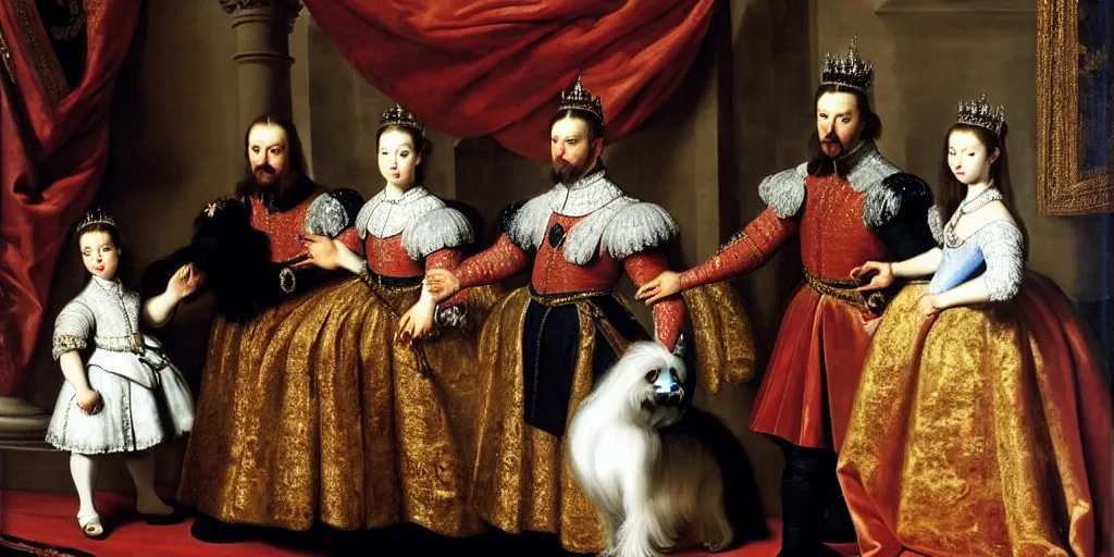 Image similar to A Spanish King with his queen and one young daughter, inside the morning room of their palace, a Yorkshire Terrier is at the arms of the king, very detailed, intricate, smooth, 8 k masterpiece, art by Velasquez, art by Rubens, art by Caravaggio