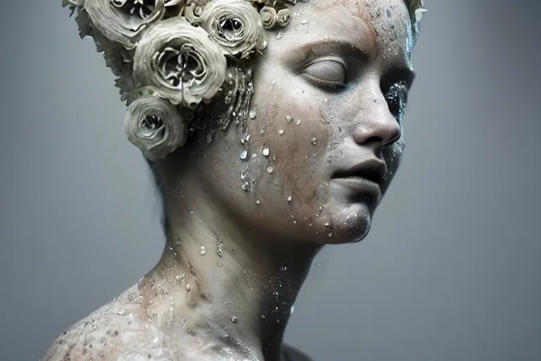 Image similar to a sculpture of a stunningly beautiful woman with flowing tears, fractal flowers on the skin, intricate, a marble sculpture by nicola samori, behance, neo - expressionism, marble sculpture, made of mist, still frame from the prometheus movie by ridley scott with cinematogrophy of christopher doyle, arri alexa, 8 k