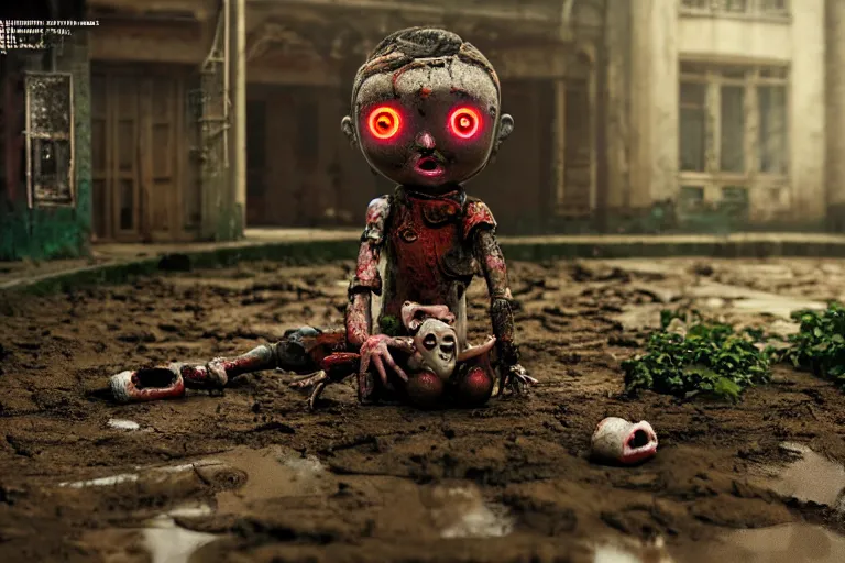 Prompt: Broken ugly toy doll with glowing eyes lying on old courtyard with mud and an old playground between two soviet five-storey overgrown with ivy panel houses, high details, cinematic, 8k resolution, beautiful detailed, insanely intricate details, artstation trending, rule of third, octane render, unreal engine