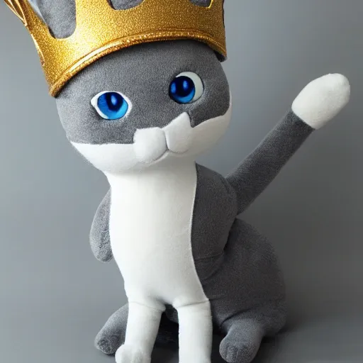 Image similar to gray anthropomorphic, cat female with a whit and chest, wearing a golden crown, big blue eyes, plushy