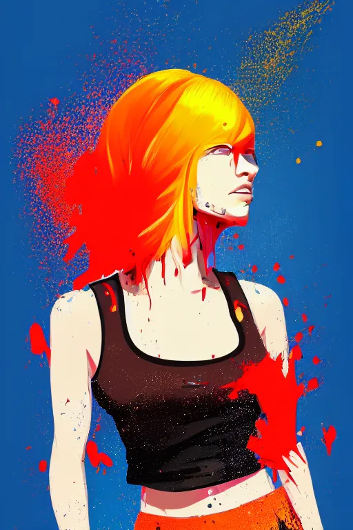 Image similar to a award winning half body portrait of a beautiful woman in a croptop and cargo pants with ombre red orange yellow hairstyle with head in motion and hair flying, paint splashes, splatter, outrun, vaporware, shaded flat illustration, digital art, trending on artstation, highly detailed, fine detail, intricate