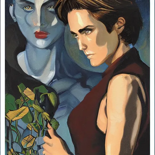 Image similar to short-haired heroic stoic handsome blonde butch tomboy woman engineer standing beside dark fae feathered Jennifer Connelly in garden, in love, Mike Mignola, trending on art station, oil painting