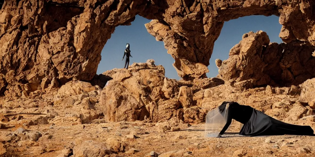 Image similar to levitating grey ghost veiled silhouette with full - face golden glowing bright reflective mask in a dry rocky desert landscape, visible sky and sunny atmosphere, floating rocks, flying rocks and fata morgana and giant mirrors by alejandro jodorowsky, anamorphic lens, kodakchrome, practical effects, masterpiece, 8 k