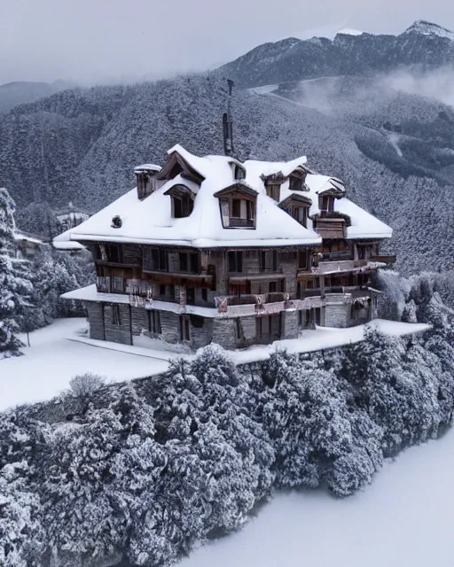 Prompt: burning mansion in the alps with snow covered roof zoomed out, shot from drone, iphone capture, fire