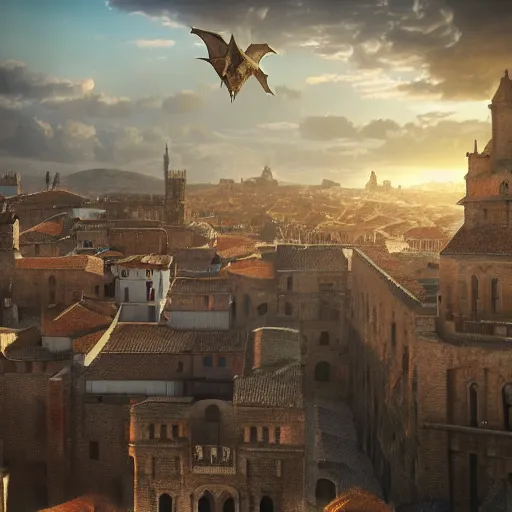 Image similar to the monumental city of caceres with smaug flying over it, dramatic lighting, cinematic, extremly high detail, photorealistic, cinematic lighting, post processed, concept art, artstation, matte painting, style by greg rutkowsky